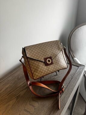 Celine Beige Monogram Crossbody with Brown Leather Trim